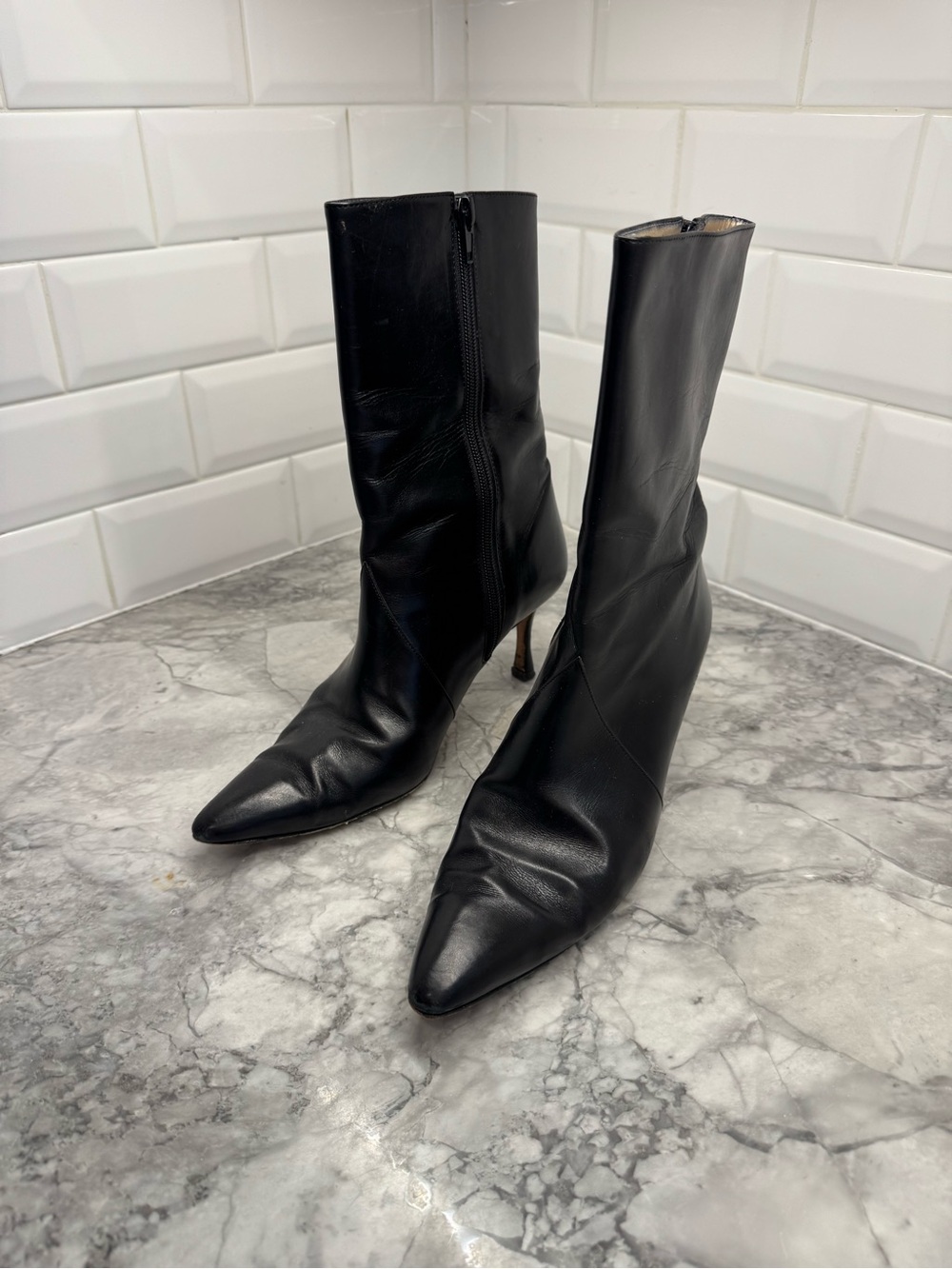 Manolo Blahnik Black Pointed Toe Stiletto Mid-Calf Boots